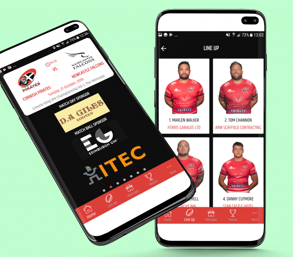 Tell Me First app for a rugby team displayed on a Samsung mobile.