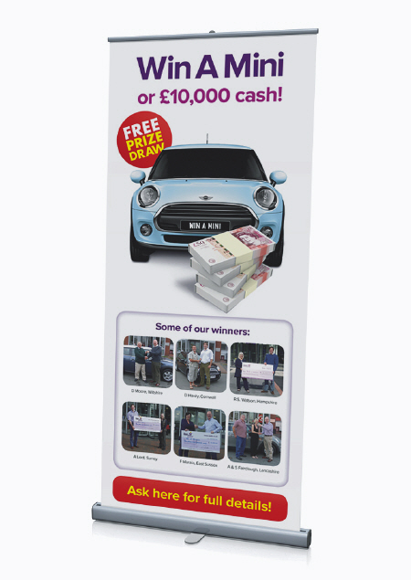 Utility Warehouse rolling banner displaying their mini car incentive