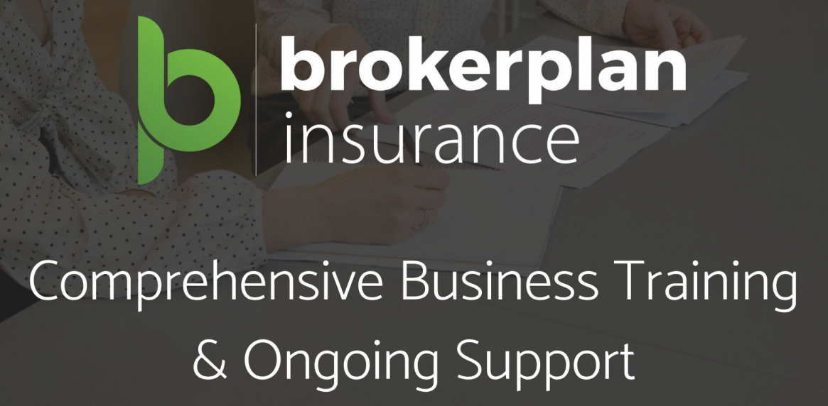woman writing on documents at a desk with brokerplan logo and text over the top