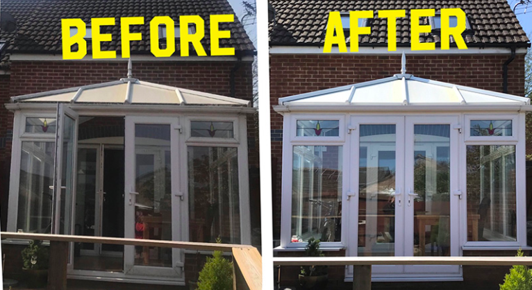 Powerwash Contractors before and after of cleaned conservatory