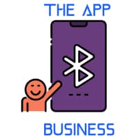 the app business logo with cartoon character stood next to a mobile phone