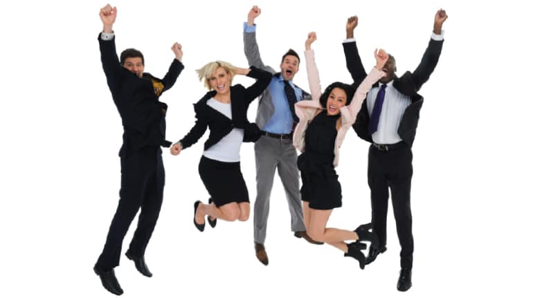 employees jumping in a group cheering