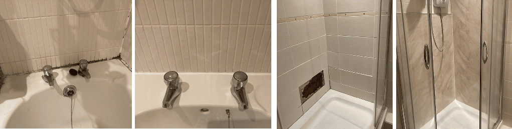 before and after of a cleaned sink and shower