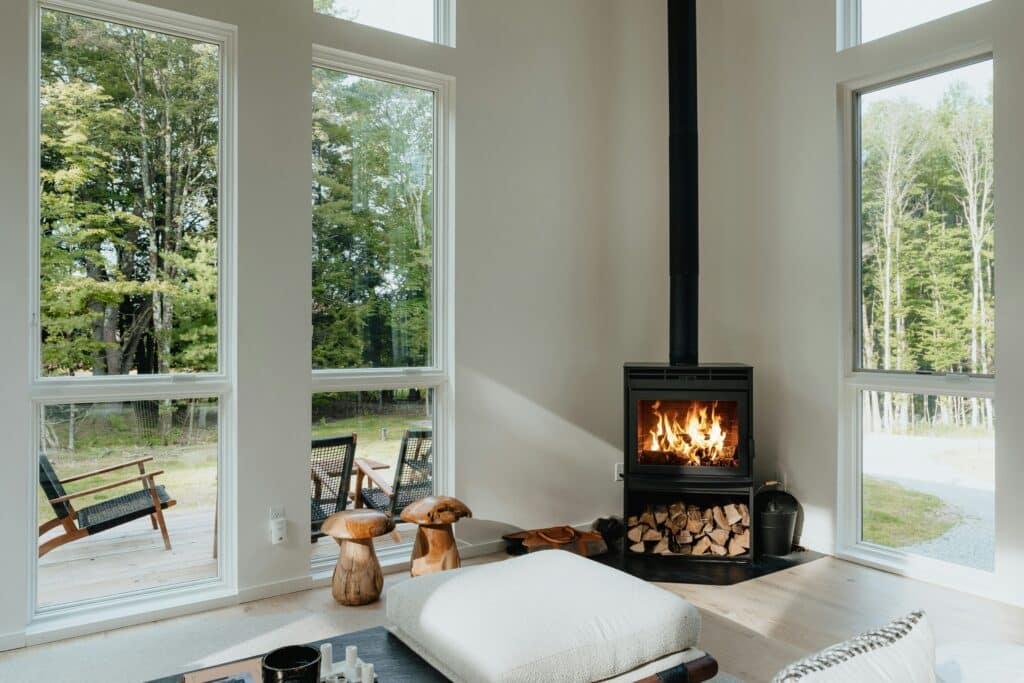 wood fireplace in modern lounge